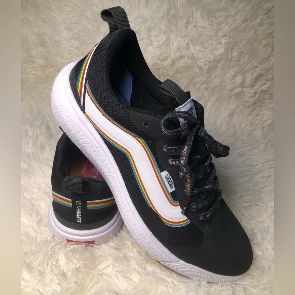 Vans Black/Pride Sneakers w/ White Stripe & Rainbow Trim Men’s 9 Women’s 10.5 🌈
